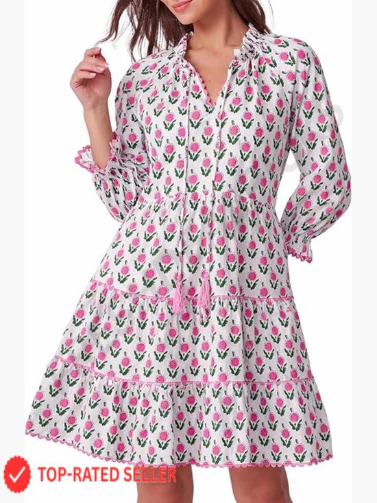 Dresses & Skirts - Long Sleeve Floral Ruffle V Neck Mini Babydoll Dress with Pockets